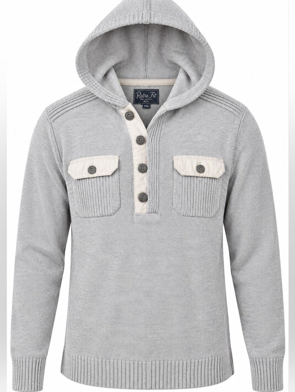 RETROFIT | Gray Cream Cotton Blend Hooded Henley Utility Pocket Sweater | XXL